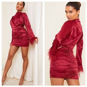 NWOT PrettyLittlething Burgundy Satin High Neck Long Sleeve Feather Cuff Dress